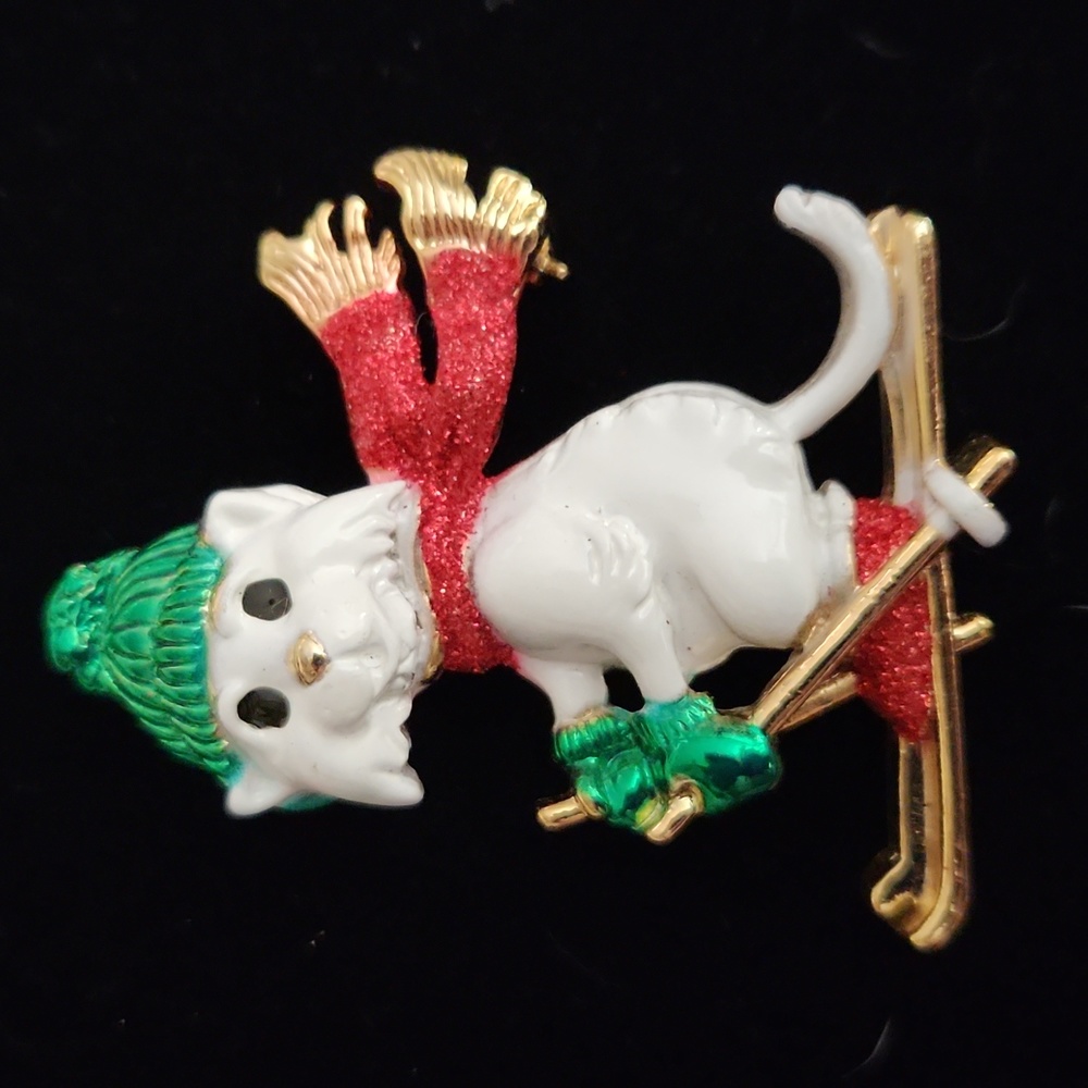 Vintage cat on skies, white kitty kitten cat with red scarf, skiing cat brooch